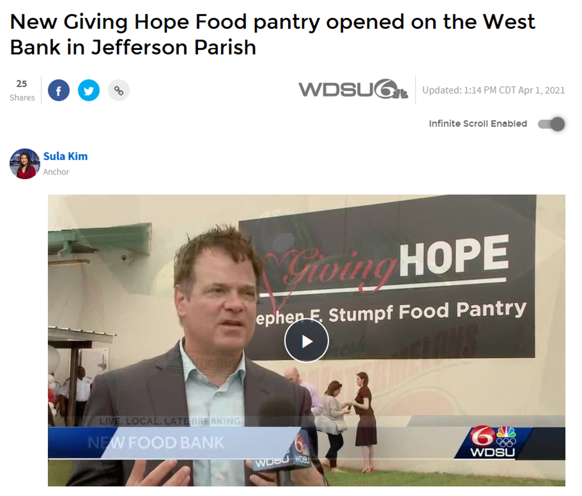 Giving Hope Stephen F.  Stumpf Food Pantry Featured on WDSU